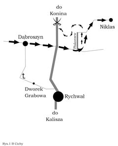 Fragment drogi oddziału Edmunda Taczanowskiego z umiejscowieniem potyczki kawalerii powstańczej z objeżdżykami Andrieja Brunnera i zaznaczonym miejscem pamięci w Grabowej (opracowanie B. Cichy).